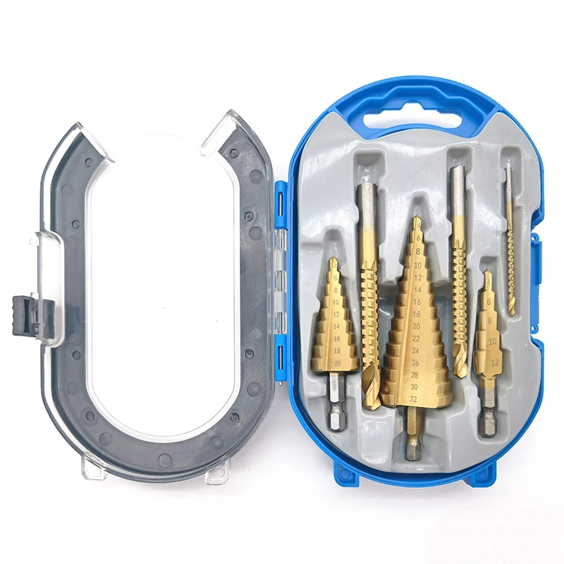 6ks 4-12 mm/4-20 mm/4-32 mm HSS Straight Groove Step Bit Bit Titanium potiahnuté drevené kovové otvory Cutter Core Core Cone Vŕtacie náradie