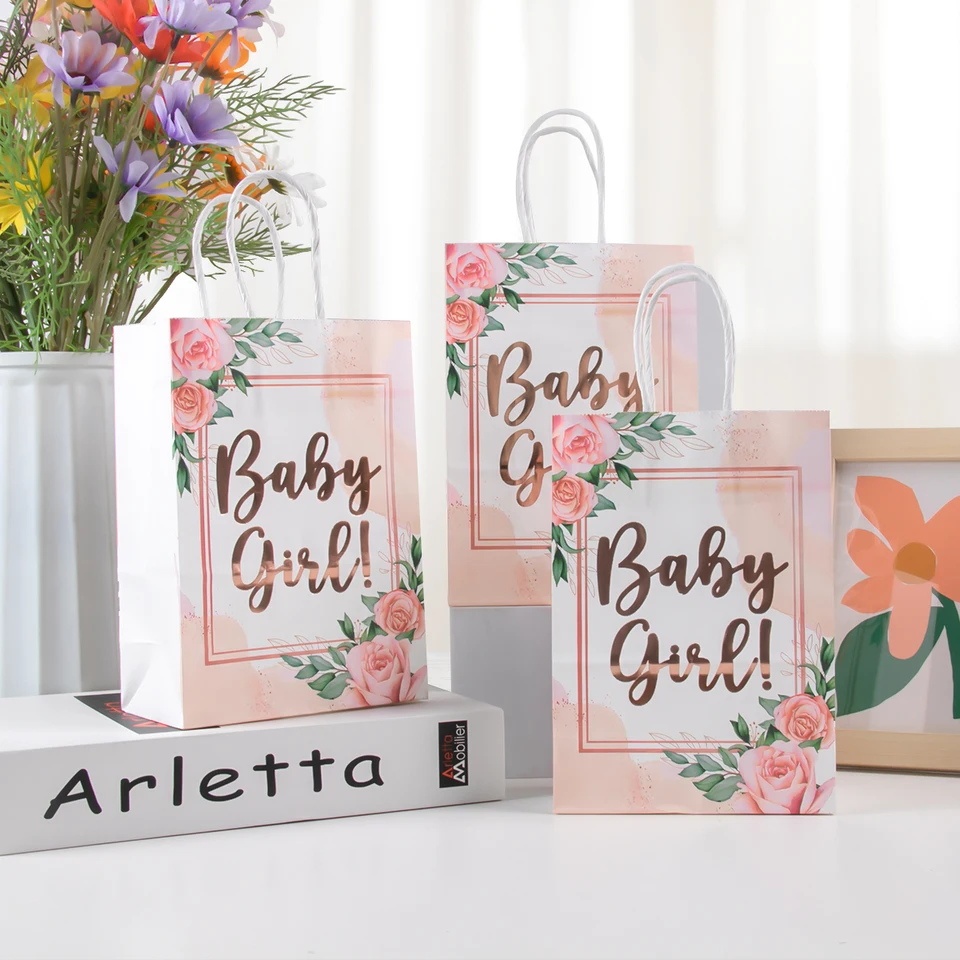 6ks dievčatko Party tašky Rose Gold Print Floral Paper Candy Darčekové tašky pre hosťa pre bábätko Girl Birthday Party Dekorácie