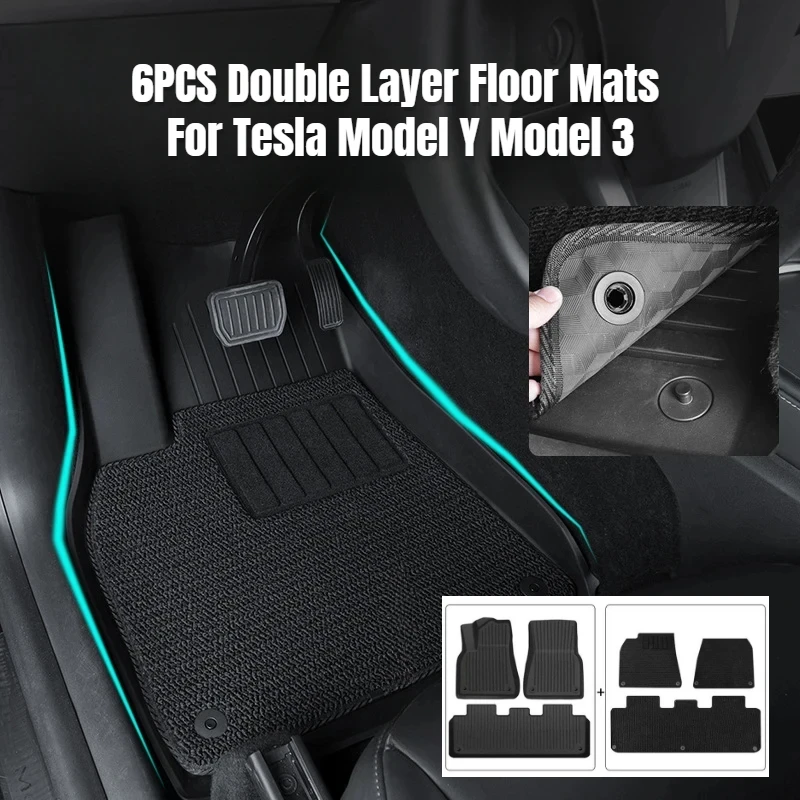 6ks dvojvrstvové podlahové rohože pre Tesla Model Y Model 3 3d TPE Menis koberec Velvet Witerproof Dy