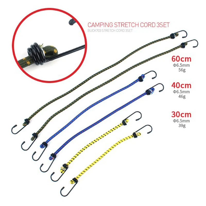 6ks Elastic Bungee Cord Set Luggage Raps Rape Hooks Stretch kravata vonku 30 cm/40 cm/60 cm