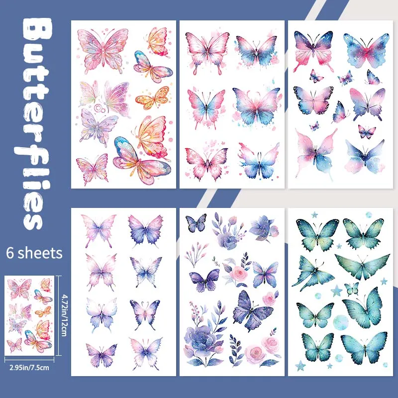 6ks Glitter Gradient Dreamy Butterfly nepremokavé dočasné tetovanie, dlhotrvajúce vodotesné, realistické falošné tetovanie