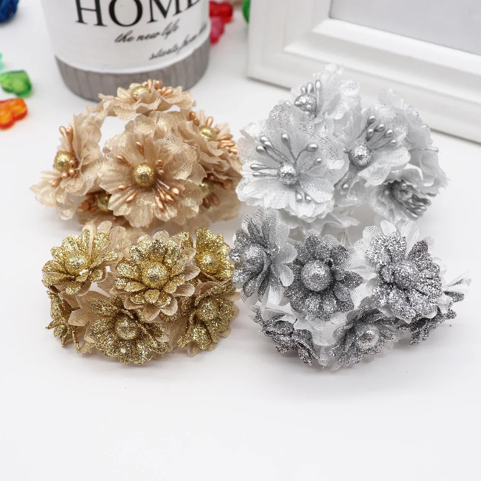 6ks Golden Silver Glitter Artificial Silk Flower Byticet na svadobnú dekoráciu zošita