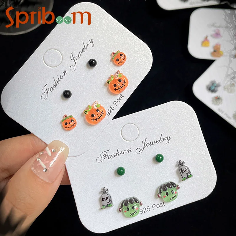 6ks Halloween náušnice Sada Funny Monster Stud náušnice pre ženy S925 Strieborná ihla Šperky malé večierky Doplnky Dievčatá Darčeky