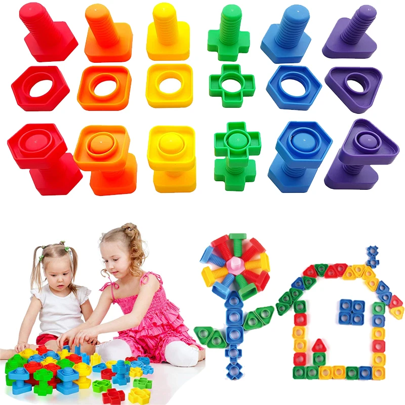6ks matice Tvar Screw Building Blocks Match Puzzle Hračky pre deti dieťa Montessori Color Zoznámiť sa vzdelávacie hračky