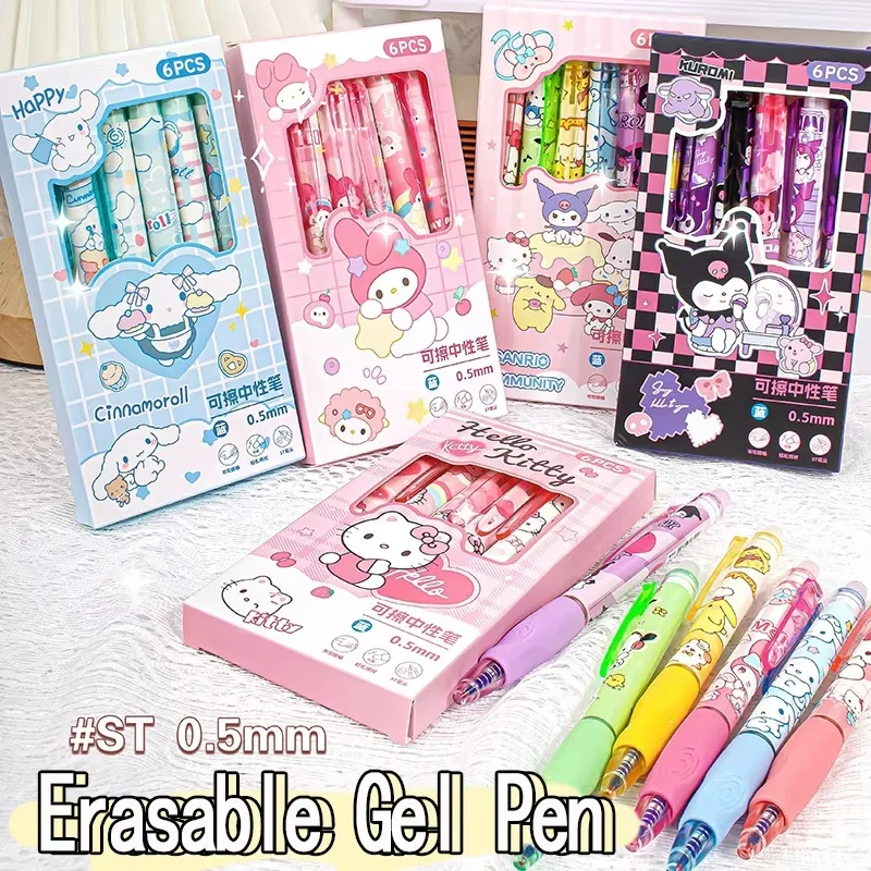 6ks Sanrio Erasable Gel Pen Pochacco Kuromi Cinnamoroll Hello Kitty Študentské neutrálne guľové pero Office School Dodávky