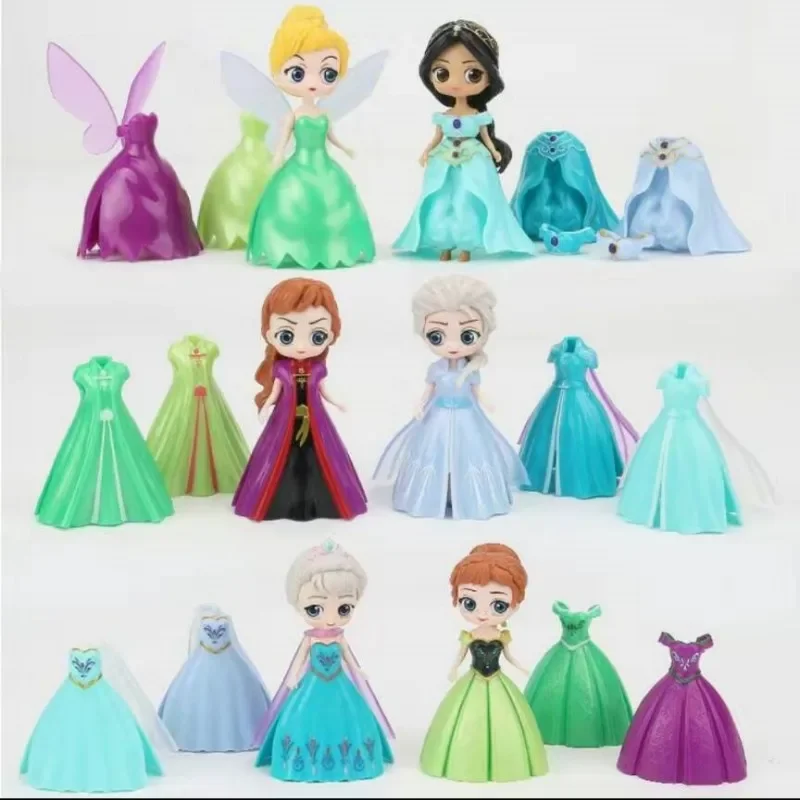 6ks/set Disney Frozen Dress Magiclip Princezná figúrky socha Snehutnica biela Elsa Anna Action Figures Model Hračky pre bábiky