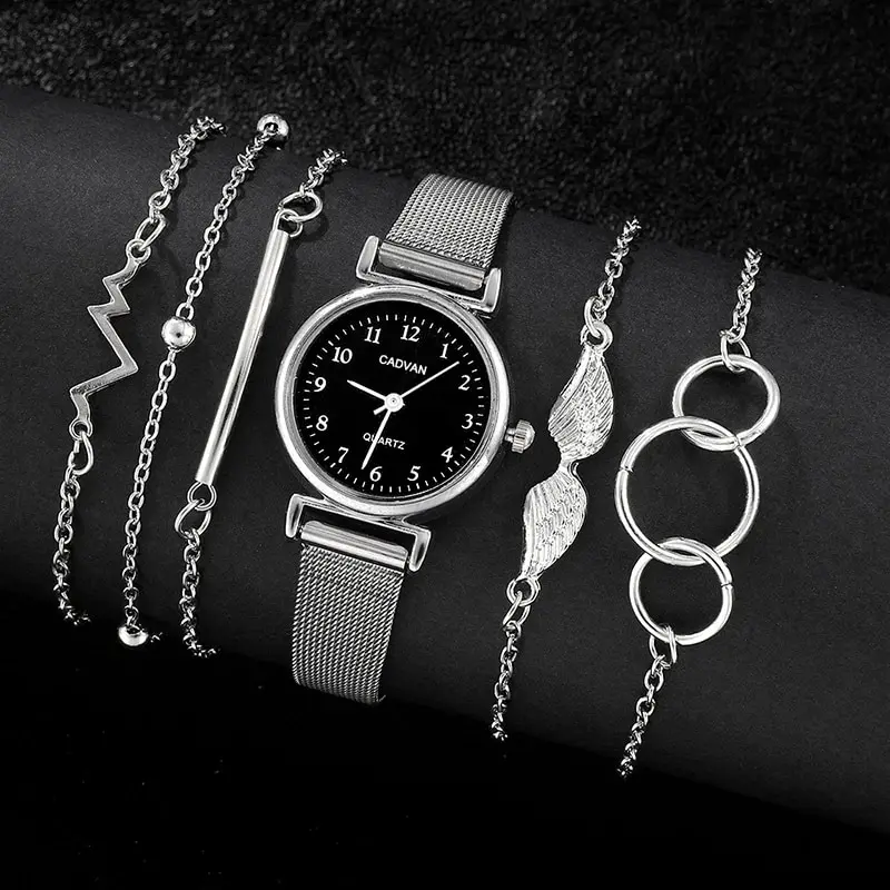 6ks set dámske hodinky Fashion Dámy Quartz hodinky sada Strieborné sieťové luxusné dámske hodinky šaty hodiny Montre femme
