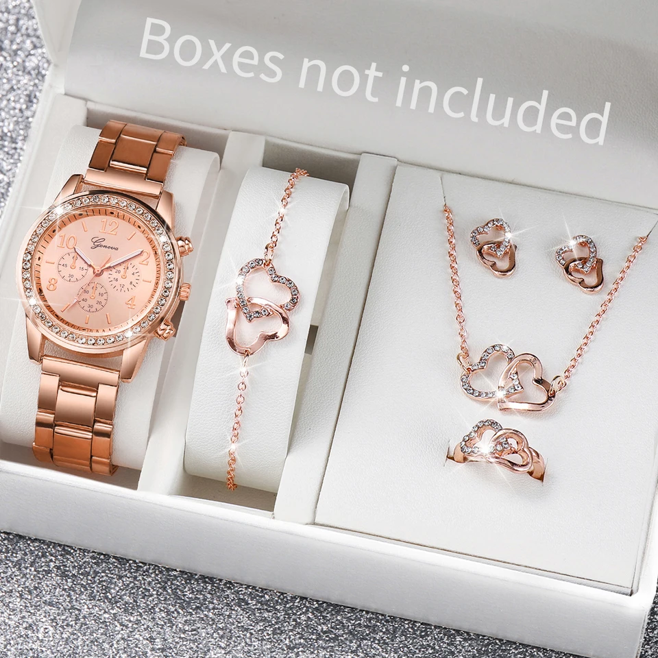 6ks/set dámske hodinky Fashion Greastone z nehrdzavejúcej ocele Band Quartz Watch Double Heart Jewelry Set (bez krabice)