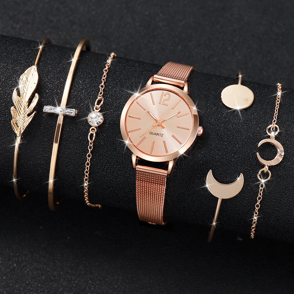 6ks/set dámske hodinky Fashion Malé jednoduché vytáčanie ženskej sieťovej kapely Quartz hodinky Set náramky