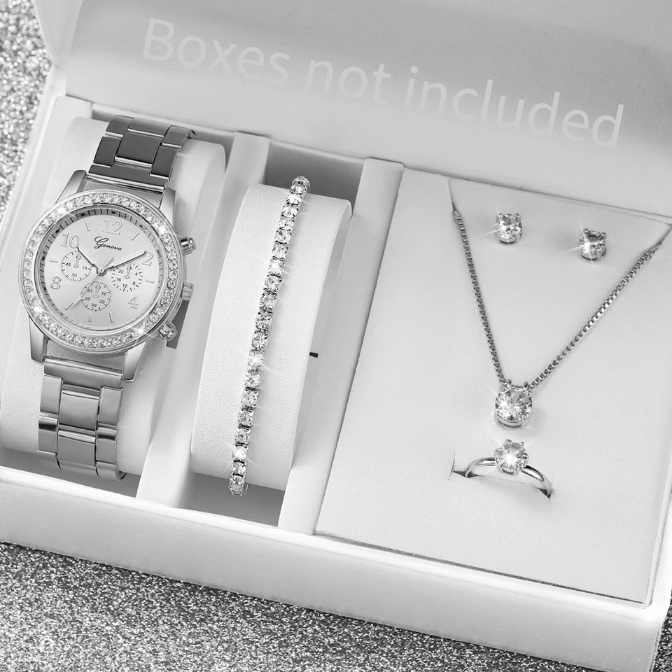6ks/set dámske hodinky Fashion Silver Steel Band Analog Quartz Watches Diamond Jewn set （bez krabice）