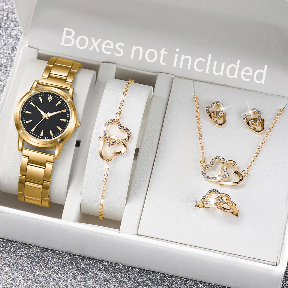 6ks/set Fashion Women Watches Gold Steel Band Ladies Quartz Watch Jewelry Set Reloj Mujer （Box nie je zahrnutý）