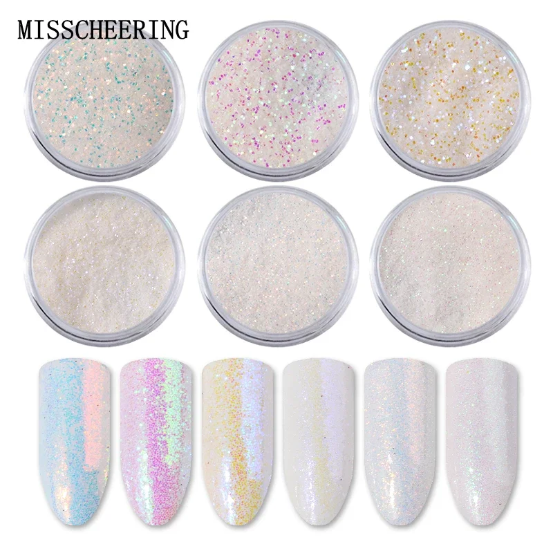 6ks/set jednorožce aurora biele flitre na nechty Art Art Glitter Mermaid Prach Dust Di Dekorácie pre kĺzanie nechtov pre domácich majstrov
