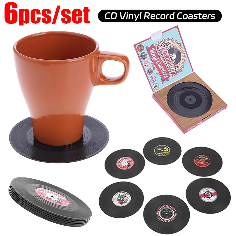 6ks/set okrúhle anti-skĺzavé tepelne odolné voči vintage cd vinyl rekord nápojové nápoje Coasters Placemat Cup Coffee hrnček na stolové podložky