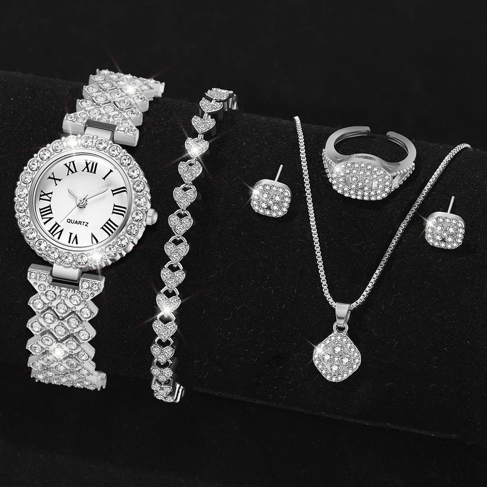 6ks/set Silver Dámske hodinky Business Leisure Element Watch Luxury Dial Quartz Watch Jewelry Set pre ňu darček