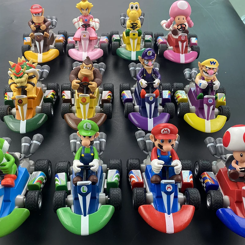 6ks/set Super Mario Pull Back Car Green Yoshi Bowser Luigi Toad Action Figure Hračky Anime Game Duzdia Darčeky