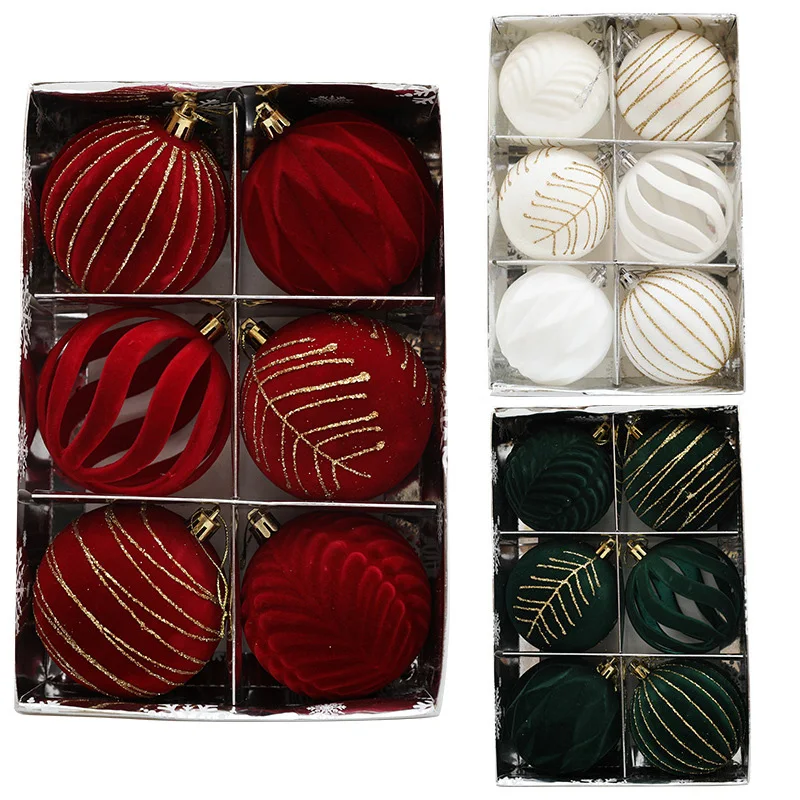 6ks vianočné loptové ozdoby 8cm Flocking Red White Baubles vianočný stromček zavesenie dekorácií pre Navidad Noel 2025 Nový rok