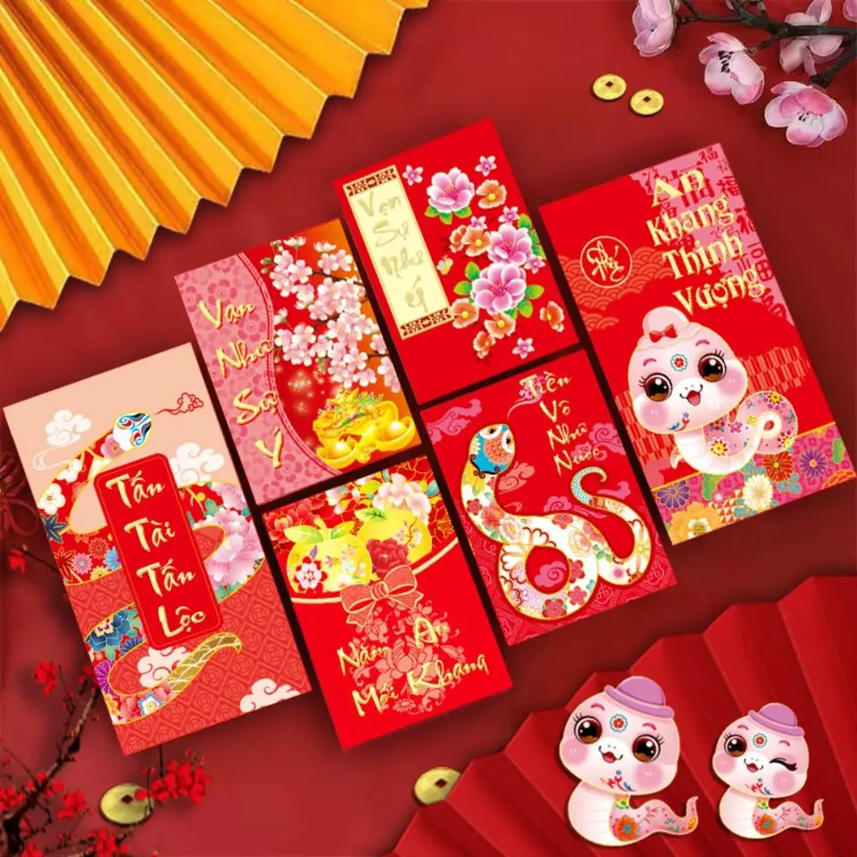 6ks Vietnam 2025 Nový rok Červená obálka Požehnanie najlepšie priania had vzor Peniaze Envelope Hongbao Money Bags Lucky Money Vrecká