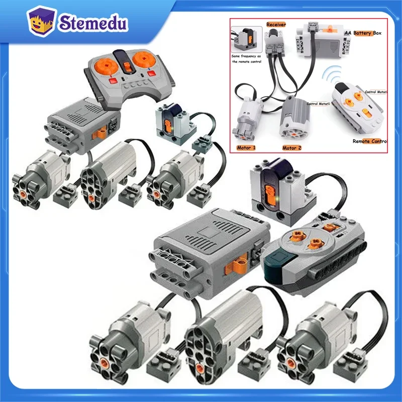 6ks výkonová funkcia Set l Motor 88003 Servo Motor 88004 AA batéria 8881 IR Speed ​​Speed ​​Diaľkové ovládanie prijímača MOC stavebné bloky MOC