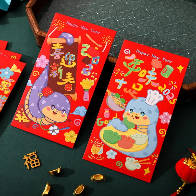 6ks čínsky Nový rok Hongbao Čínsky jarný festival Červený obálka Nový rok Dodávky roztomilý rok hadího červeného paketového vrecka