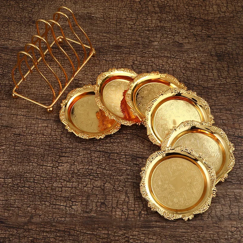 6pc Klasická zlatá Coaster Continental Continental Cocktail Drink Coasters Vintage Zinok zliatiny zliatba Gold -Pathed Mat Placemat