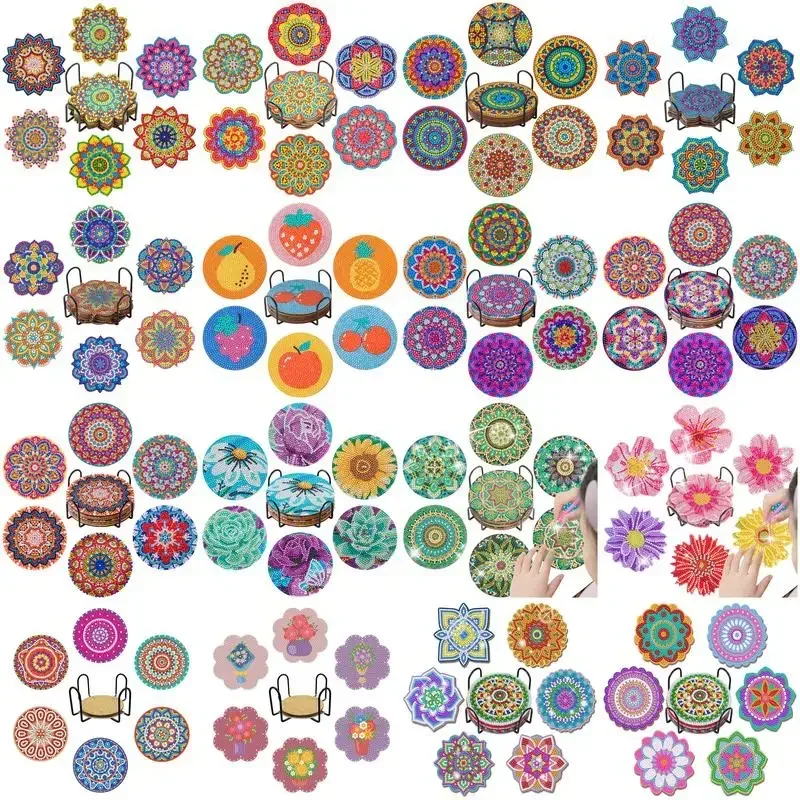 6pc/sety DIY Diamond Painting Coasters Plné vŕtanie diamant Mosaic Mandaly Round Coast Coasters s držiakom jedálenský stolík dekorácia