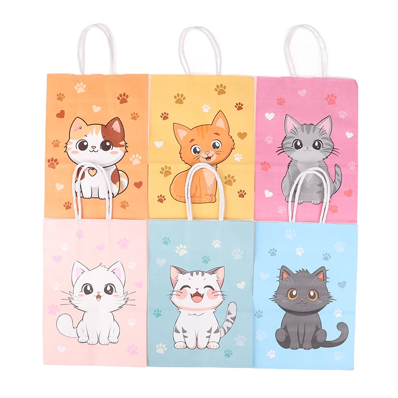 6pcs farebná karikatúra mačkou Paw Print Paper Candy Tašky Darčekové tašky s rukoväte pre domáce zvieratá Detská narodeninová oslava ozdoby