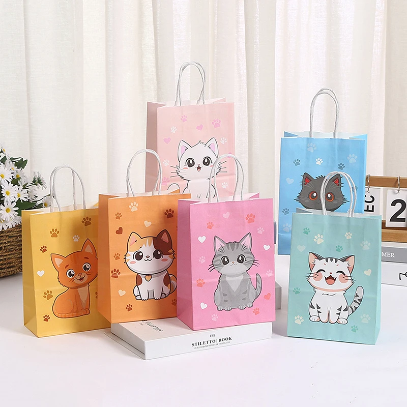 6pcs farebná karikatúra mačkou Paw Print Paper Candy Tašky Darčekové tašky s rukoväte pre domáce zvieratá Detská narodeninová oslava ozdoby