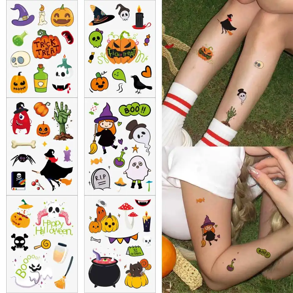 6pcs Funny Halloween Pumpkin Ghost Witch Dočasné tetovanie nálepky Horor Lip Bat Candy Ghost Ghost Tattoos Festival Deco