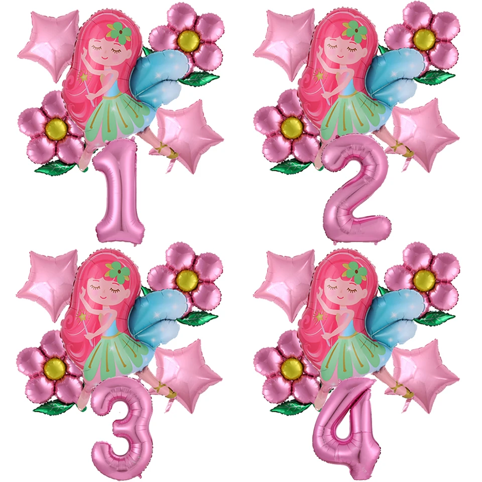 6pcs Little Fairy Girl Balóny Butterfly Slnečnica Fólia Balón 32 palcov ružové číslo Balón 1-9 Rok dievčatko narodeninovú oslavu Deckorat