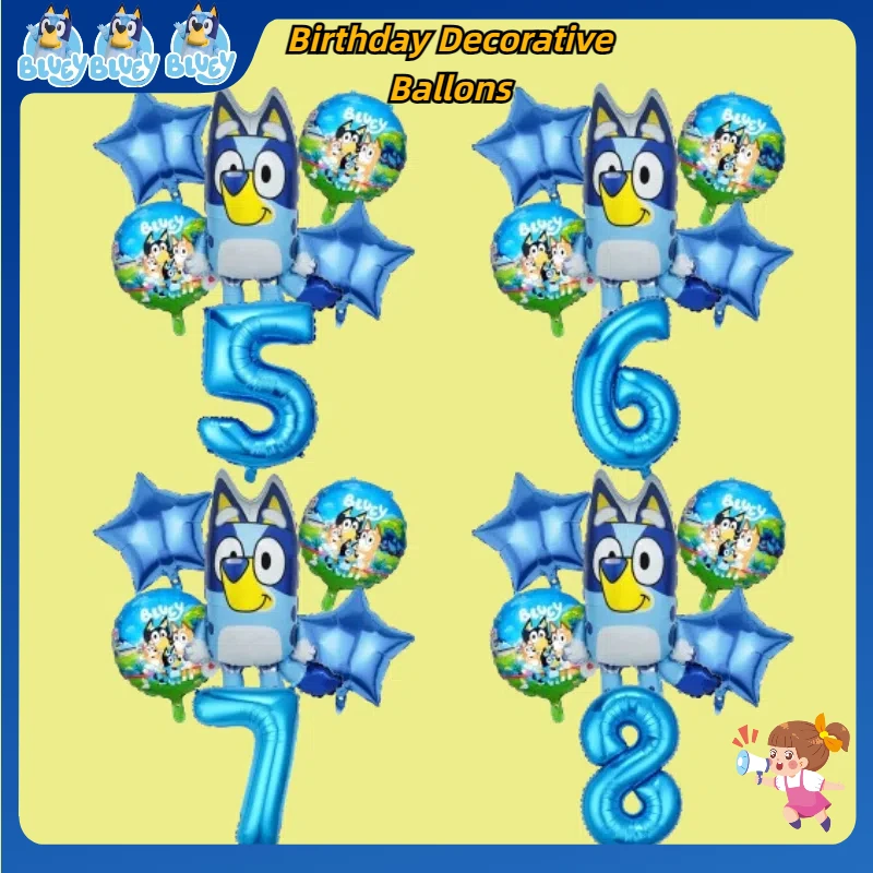 6pcs set blueys narodeniny dekoratívne balóny roztomilý karikatúra hliníková fólia balón s balónmi set party dekorácie rekvizity darček