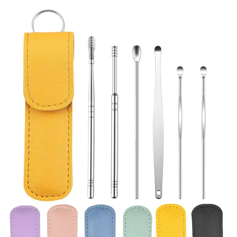 6pcs Set Ear Wax vykopávka zberača EarPick Remover Curette Earos vosk cerumen čistič rezomálne náradie čistiaceho prostriedku na lyžicu s koženým krytom