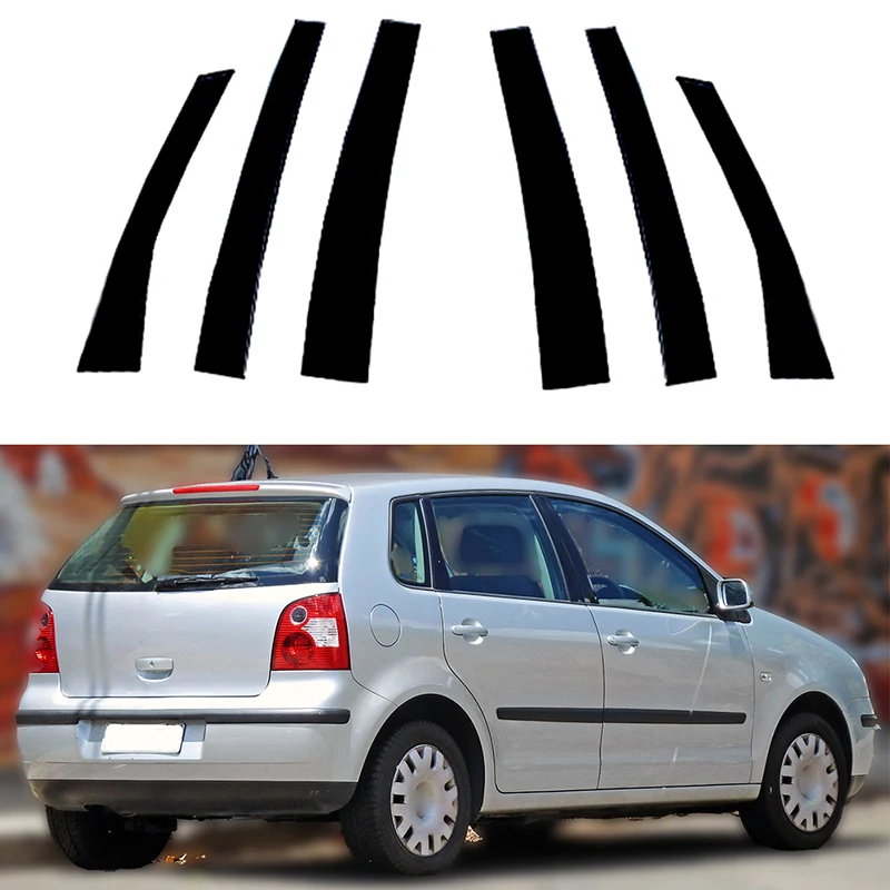 6pcs Set okenné stĺpce stĺpy kryte obklad nálepky nálepka Čierne dvere Fit Fit for VW Polo MK4 (9N) 5-dverový hatchback 2002-2010