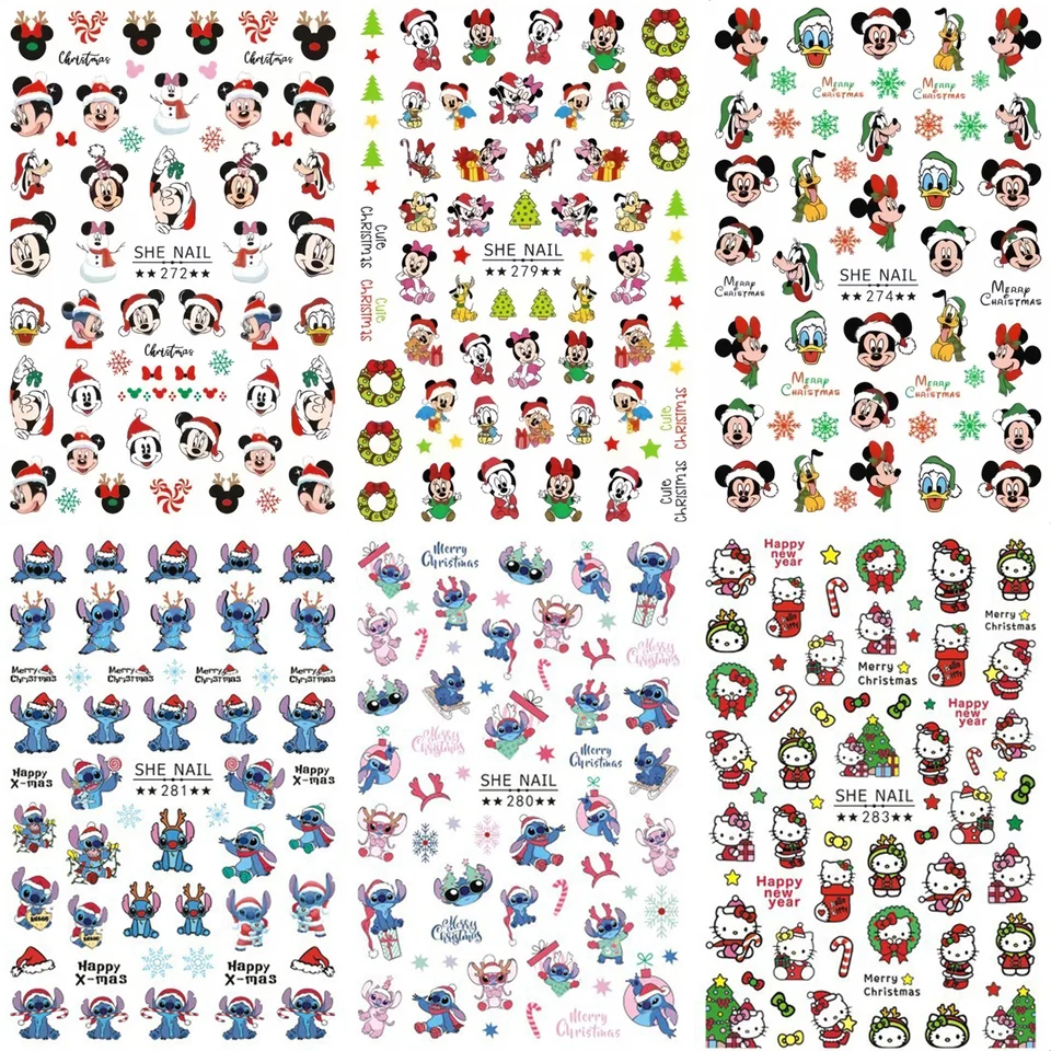 6pcs vianočné kreslené nálepky na nechty manikúru Doplnky roztomilé Mickey Mouse Lilo & Stitch Donald Duck 3D na nechty