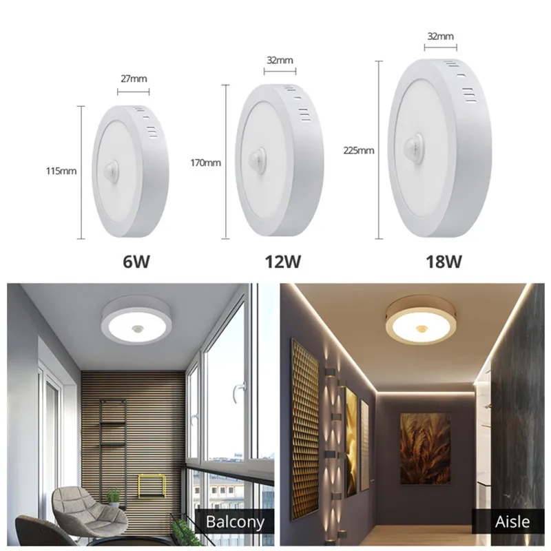6W 12W 18 W stropná lampa LED s pohybovým senzorom PIR 110V 220V Hliníkový škrupinový stropný stropný luster Nočné svetlo pre balkónové schodisko