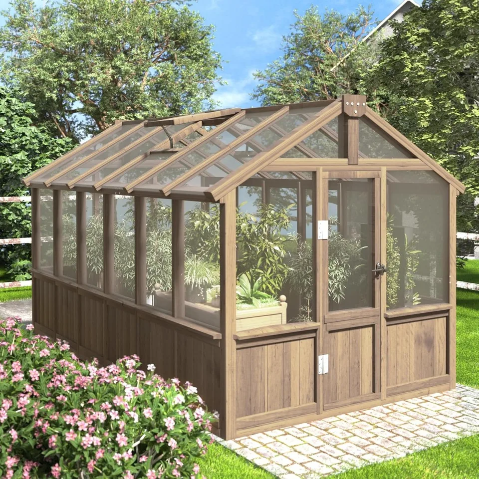 6x12 ft skleníková súprava pre vonkajšie, polykarbonátové drevený zelený dom so uzamykateľnými dverami a nastaviteľným strešným ventilom, skleník