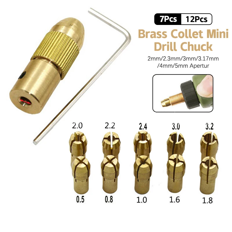 7/12ks/set mosadz Collet Micro Vŕtanie samoliečujúceho vŕtania Bit Bit Toula Chuck Adaptér rýchle uvoľnenie Keyless Bit Adapt 2-5 mm