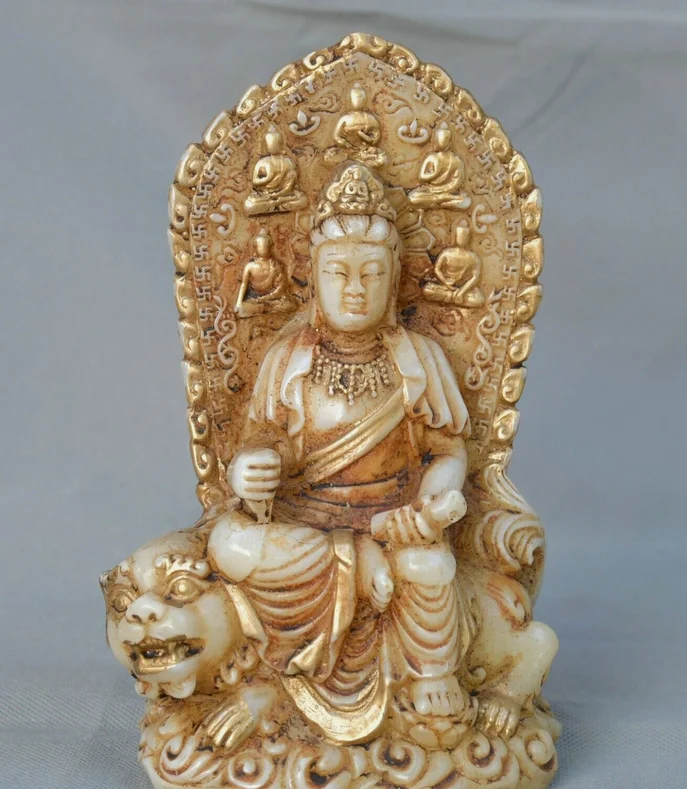 7,4 '' Starý biely nefritový Puxijský lev Kwan-yin Guanyin Quanyin Buddha
