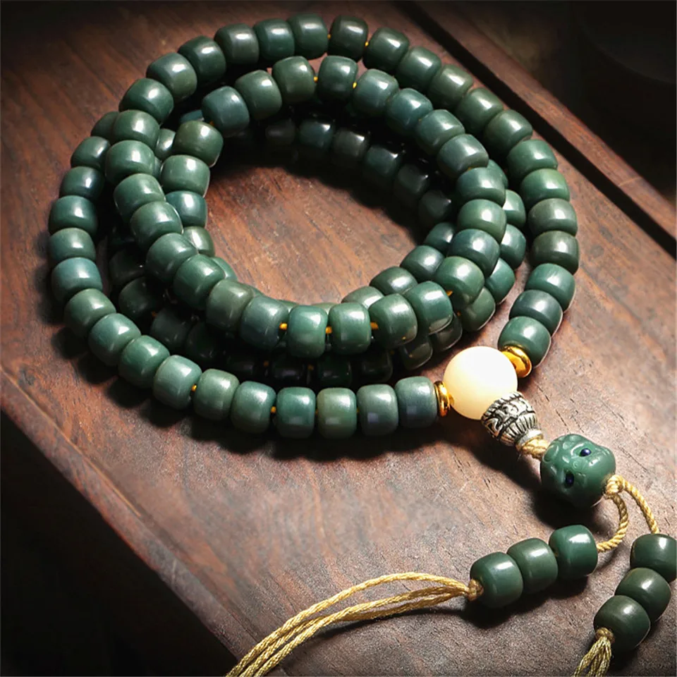 7*9 mm Originálne prírodné zelené semeno Bodhi 108 Korálky Mala Náramok Buddha Kúzlo Dlhé tassel Sweater Modlite sa