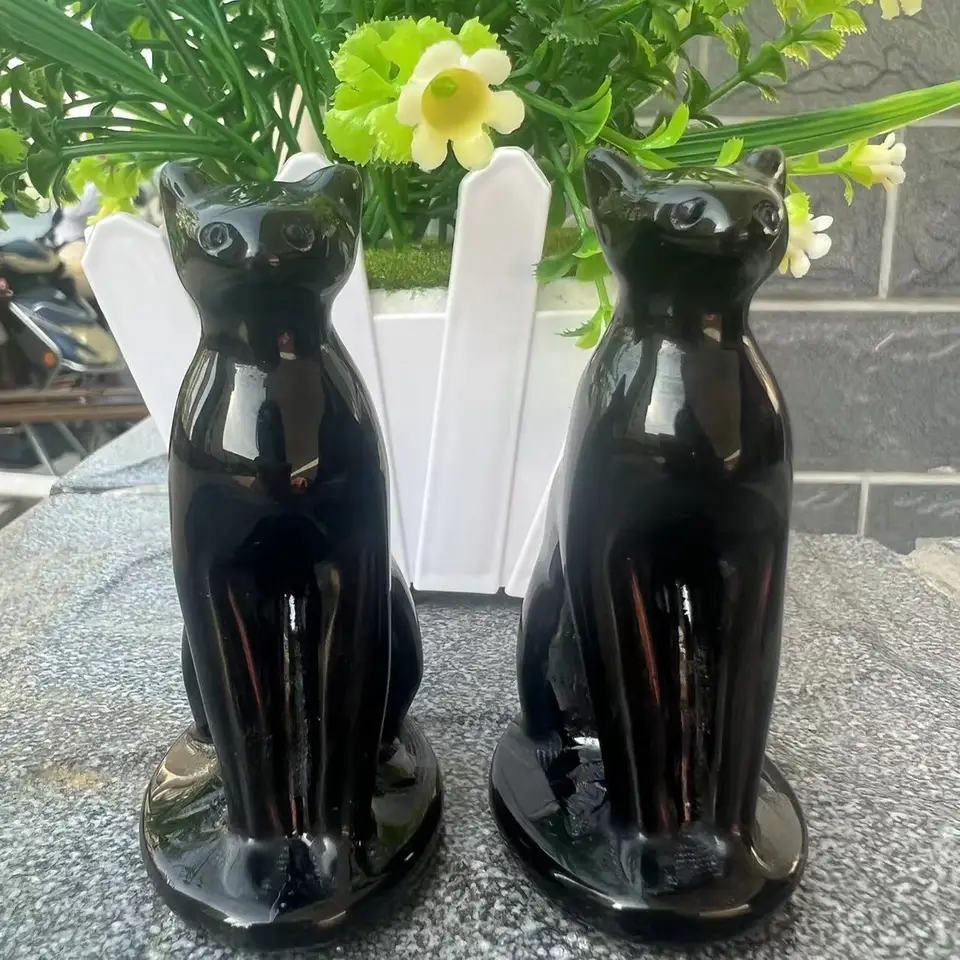 7 cm roztomilý prírodný kameň Čierny obsidiánsky ručne vyrábaný vyrezávaný egyptský mačka Boh Zvieravo silná socha pre domácu dekoráciu darček