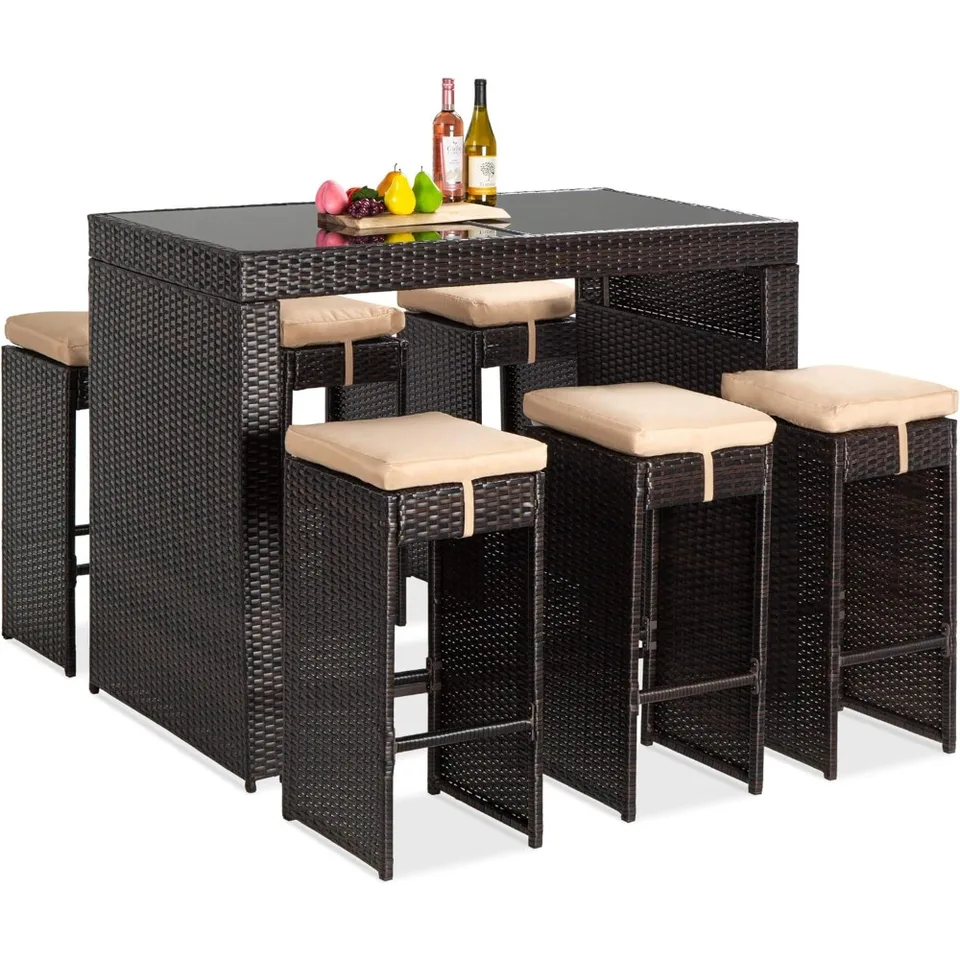 7-dielny vonkajší prútený bar jedálenský sada, nábytok na terasy Rattan pre záhradu, záhradná s skleneným stolom, 6 stoličiek