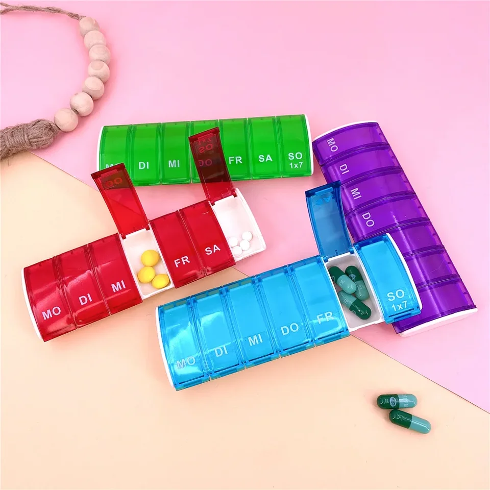 7 -dňová pilulka Medicine Box Týždenné tablety držiak na ukladanie tabliet Transparentné pilulky Organizátor kontajner číry farebný štiepky puzdro