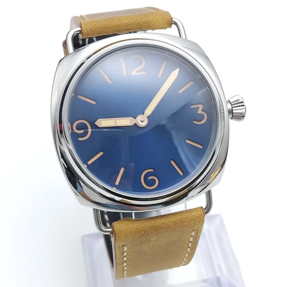 7 farieb 17Jewels 6497 Manuálne mechanické hodinky 45 mm modré logo Dial Luminous Manual Manual Watch Pánske hodinky koža