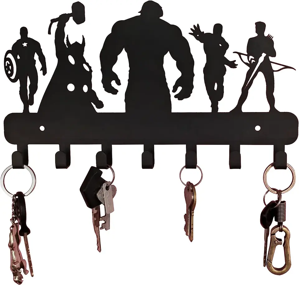 7 háčiky super heros stena namontovaná na kovový držiak na kovový držiak Key Organizátor kovový kľúč hák