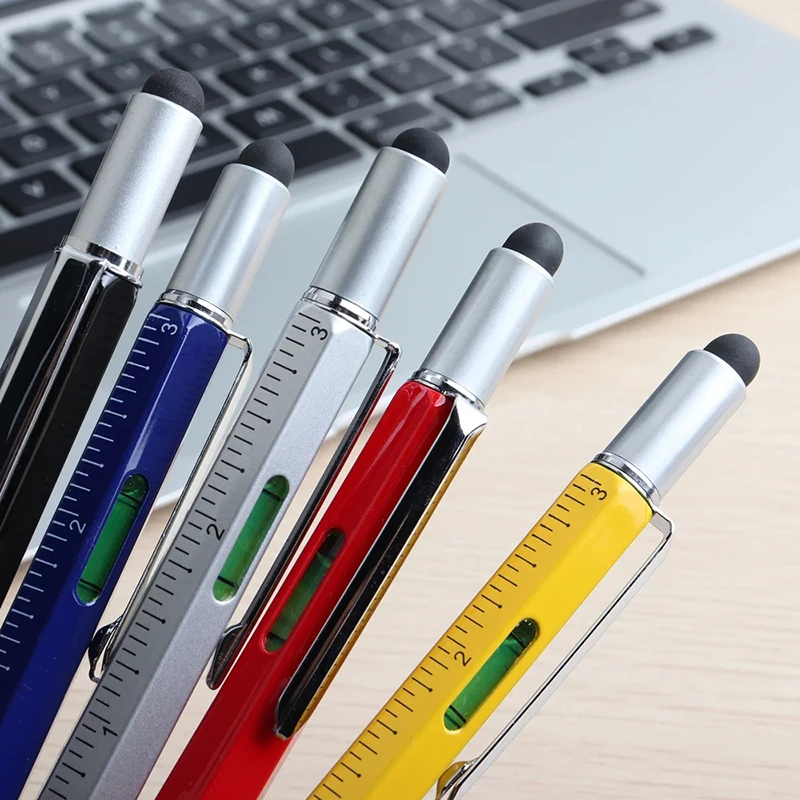 7 IN1 Multifunkčné guľôčkové pero s moderným ručným nástrojom Meranie technického pravítko skrutkovač dotyk dotykovej obrazovky Stylus Spirit Level