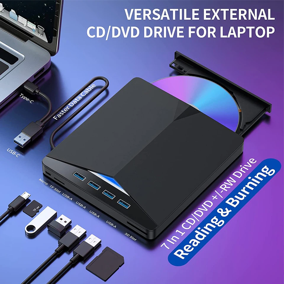 7 IN1 USB 3.0 Typ C Externé CD DVD RW Optická jednotka DVD Burner Reader Player Super Optical Drive pre počítačový notebook Notebook