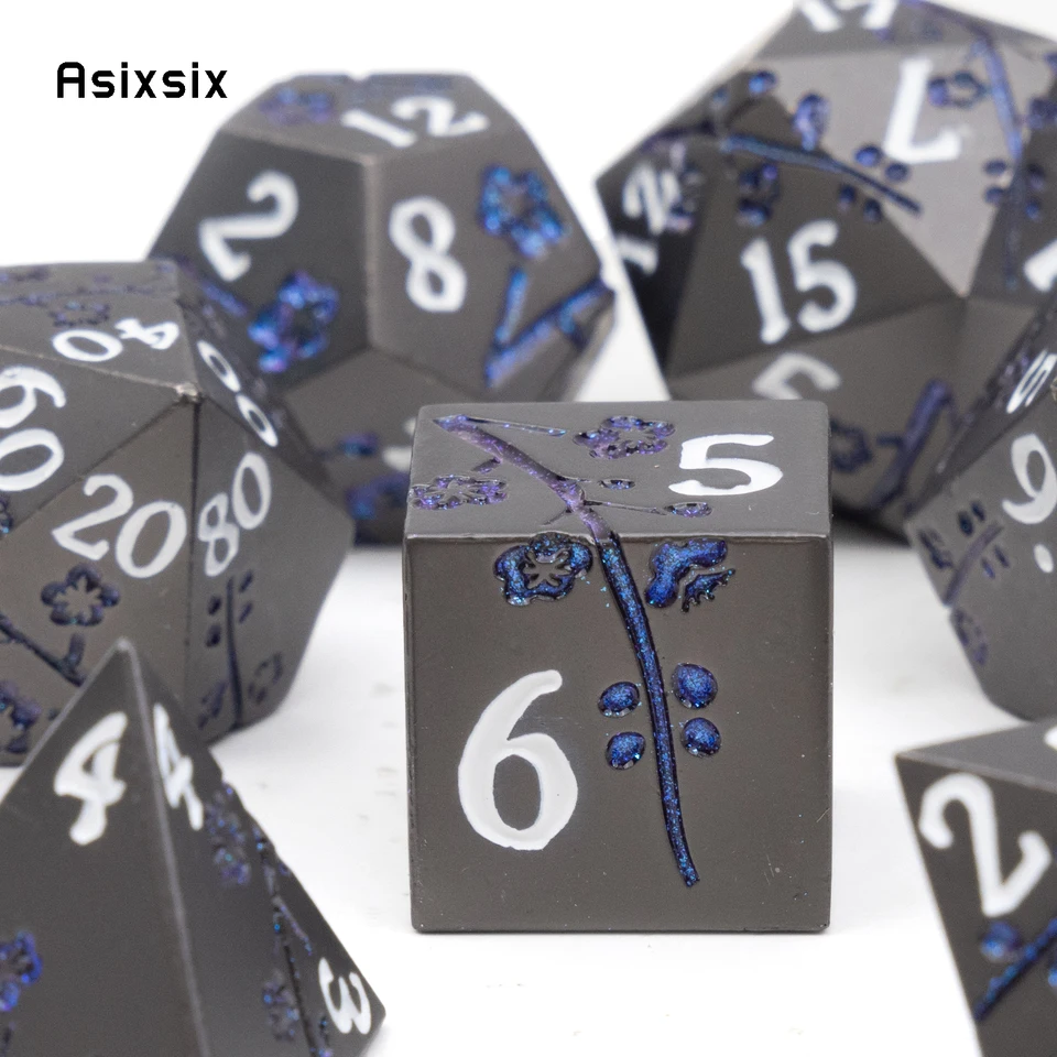 7 kov čiernych kvetinových kovových kocky Solid Metal Polyhedral Dice Set vhodný na hranie karty RPG RPG RPG