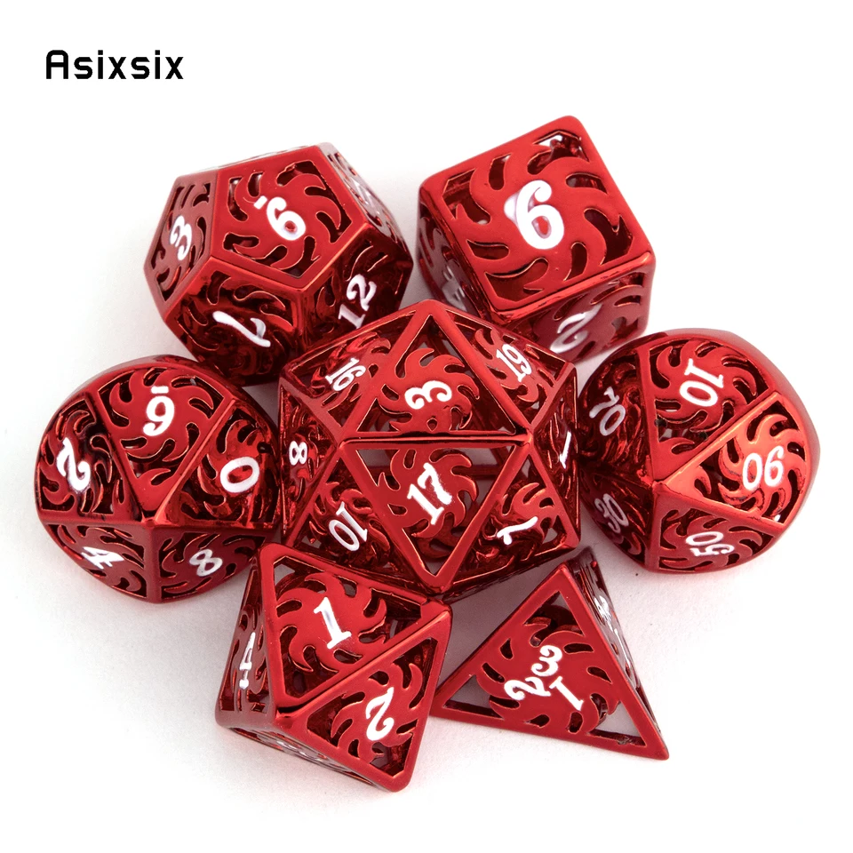 7 ks White Red Rotary Windmill Metal Dice Hollow Kov Polyhedral Dice Set vhodný na hranie karty RPG RPG RPG