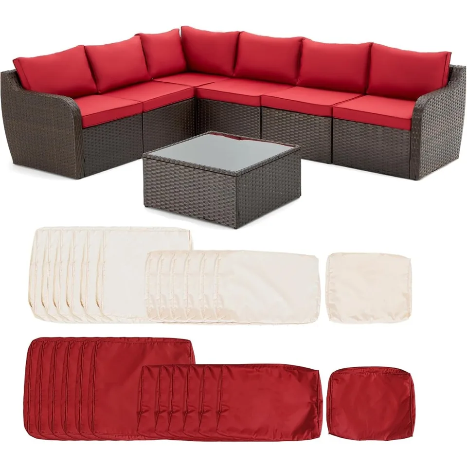 7 -kusová terasa nábytku, PE Rattan Section Sofa, Sada vonkajšieho nábytku v zadnej časti, prútená terasa konverzácia s vankúšom