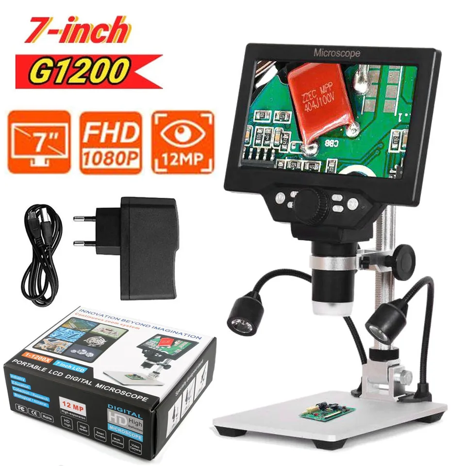 7 '' LCD Digital USB mikroskop 1200x Zväčšenie 12MP 1080P Video rekordér kamery, PC View, Nabíjateľná batéria, LED svetlá LED