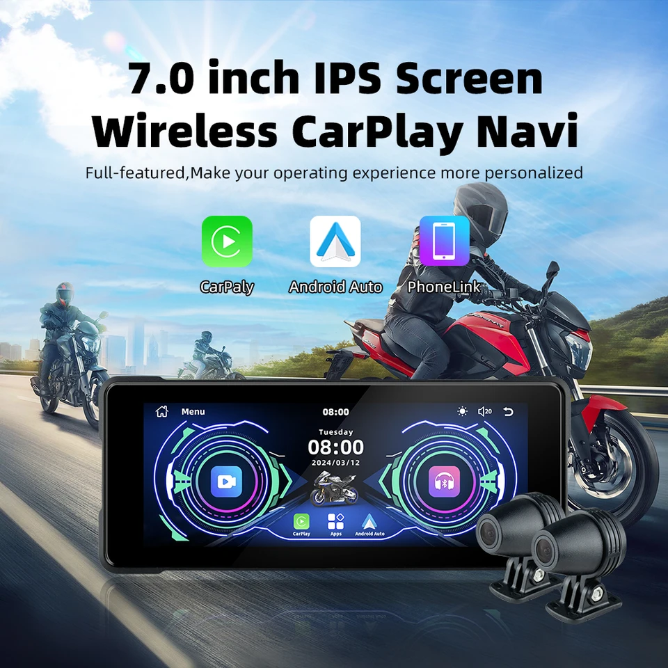 7 -palcový motocykel CarPlay Outdoor IP67 nepremokavý 800NIT Externý prenosný prenosný motocyklový podpora obrazovky CarPlay a Android Auto